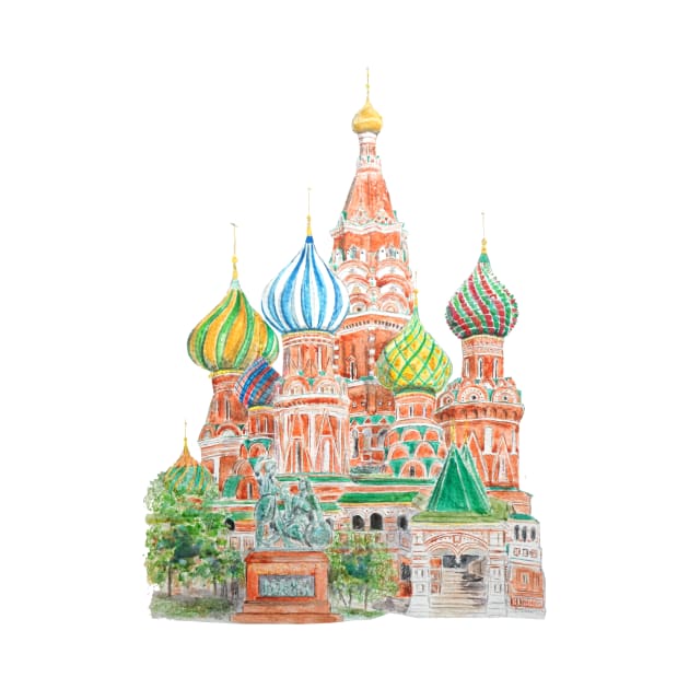 Moscow Saint Basil's Cathedral watercolor on background by colorandcolor