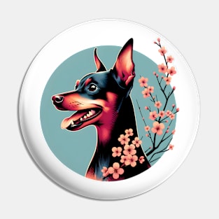 Miniature Pinscher Delights in Spring Cherry Blossoms Pin