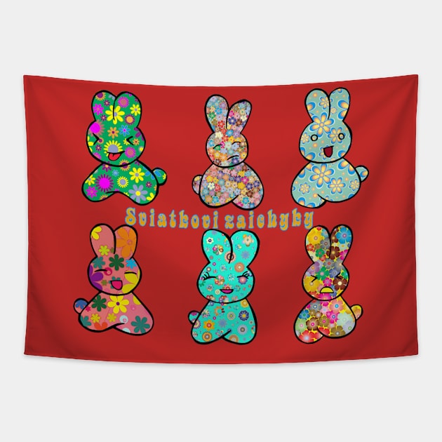 Colorfull Ukrainians bunnies "Sviatkovi zaichyky" Tapestry by tashashimaa