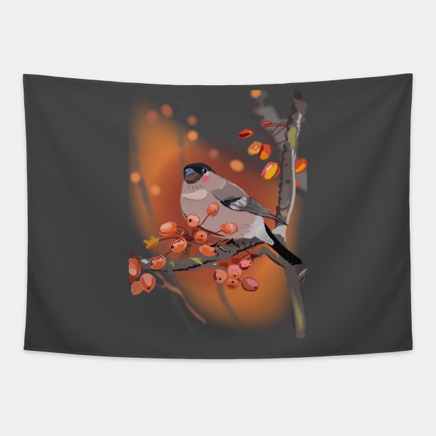 Cute Eurasian Bullfinch Bird with berries Tapestry by nuwandafoer