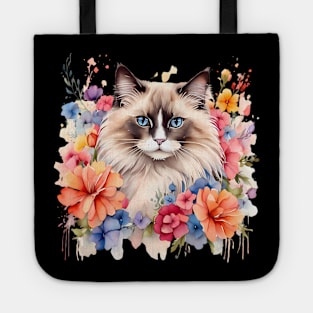 A ragdoll cat decorated with beautiful watercolor flowers Tote