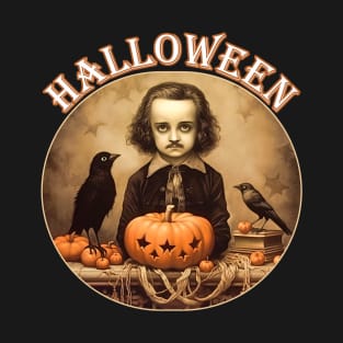 Edgar Allan Poe Child Portrait Halloween Raven Pumpkin T-Shirt