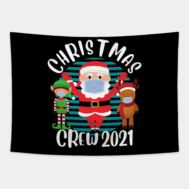 Christmas Crew 2021 Funny Face Mask Wearing Santa Reindeer and Elf Christmas Tapestry by PowderShot