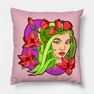 Red Lilies and Green Girl Pillow