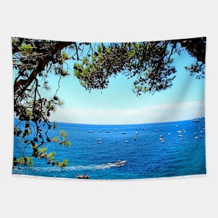 View in Positano with large and small boats skimming the Tyrrhenian Sea Tapestry