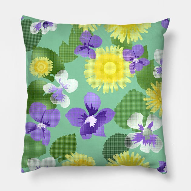 Cross-stitch Violets and Dandelions on Mint Green Horizontal Pillow by ArtticArlo