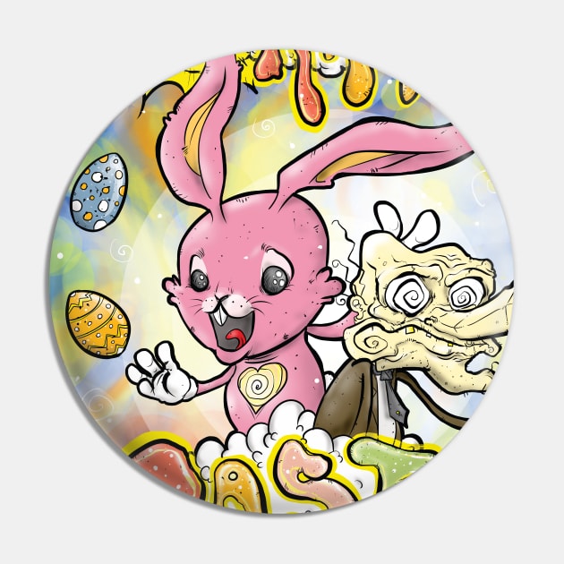 HAPPY EASTER with Cartoony Old Man Joe & the CUTEST Easter Bunny EVER Hand Drawn One of a Kind Art Pin by BryanDassArt1