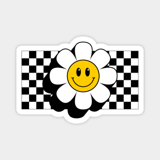 Retro Smiley Daisy Flower Emoji with Chess Board Black and White Magnet