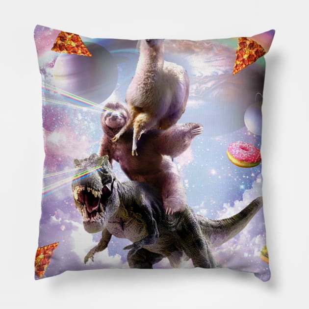 Laser Eyes Space Llama On Sloth Dinosaur - Rainbow Pillow by Random Galaxy