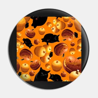 Black Cat and Pumpkins Tossed on Orange Repeat 5748 Pin