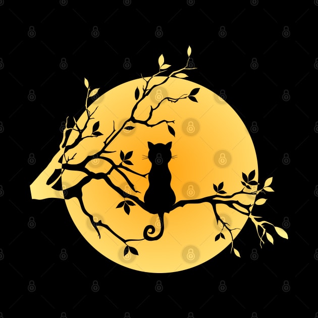 Halloween Black Cat Sitting on Branch Moon Silhouette by erock