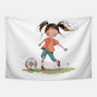 Little Girl Playing Soccer Tapestry