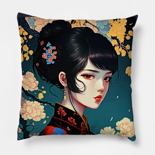 Kawaii floral anime geisha Japanese Pillow