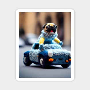 A knitted pug dog driving a woolly convertible car Magnet