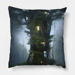 Magical Tree House in Forest with High Trees, Scenery Nature Pillow