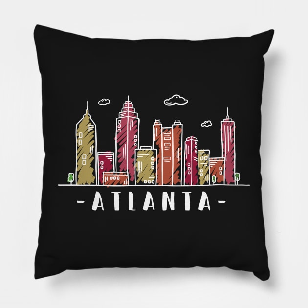 Atlanta Skyline. United States Colored Hand Drawn Style Pillow by RajaGraphica