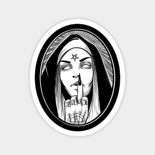 Cheeky Nun and her Middle Finger - black ink painting, Pentagram, Love, satan lover, God Lover, occult ritual, dark goddess, night night Magnet