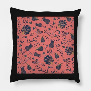 Floral Paradise Patterns in Coral and Blue Pillow