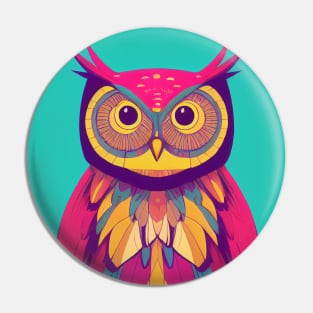 Colorful Owl Portrait Illustration - Bright Vibrant Colors Bohemian Style Feathers Psychedelic Bird Animal Rainbow Colored Art Pin