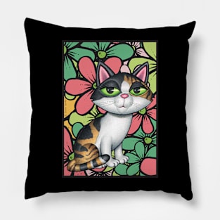 Cute Calico Kitty Cat with multi colored flowers Pillow