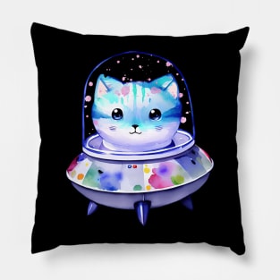 UFO Alien Cat in Spaceship Watercolor Art Cat Mon Cat Dad Cat Lover Pillow