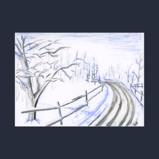 Snowy Landscape with Road and Fence in Ink and Watercolor Pencil T-Shirt