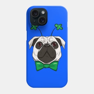 Cute St. Patrick pug dog with green bow tie and fashionable green sparkling clover accessory Phone Case