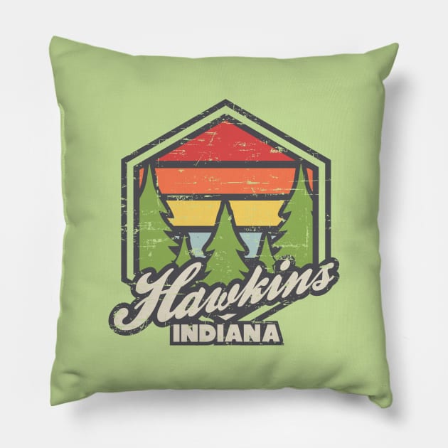 Retro Badge Hawkins Indiana Pillow by rojakdesigns