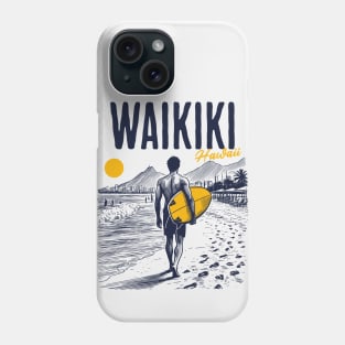 Vintage Surfing Sketch // Waikiki Beach Hawaii // Retro Surfer Drawing Phone Case