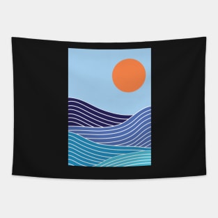 Minimalist Navy Blue Ocean Waves And Sunset Graphic Art Tapestry