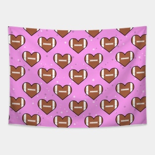 American Football Ball Texture In Heart Shape - Seamless Pattern on Pink Background Tapestry