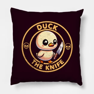 Duck The Knife Funny Duck Holding Knife Pillow