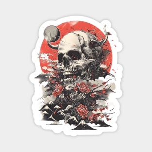 Asian-Inspired Skull & Floral Fusion, Mystical Mountain Blossoms, Transient Life Artwork Magnet
