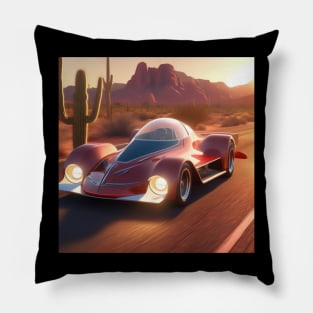 A Retro-Futuristic Racing Car Travelling Through The Arizona Desert At Dusk. Pillow