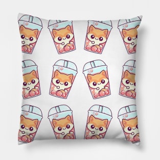 Cute Kawaii Fox in Bubble Tea Cup with Red Fox Pattern Pillow