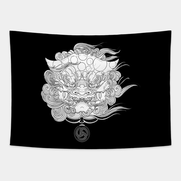 Karajishi, Japanese Design komainu, Foo dog, horimono - white Tapestry by Blacklinesw9