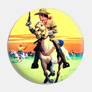 Running on Horseback through The  Desert Buffalo Bill Western Robbery Cowboy Retro Comic Pin