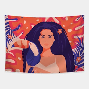 Tropical Girl with her Toucan Friend Tapestry