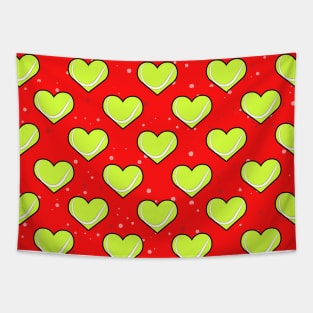Tennis Ball Texture In Heart Shape - Pattern on Red Background Tapestry