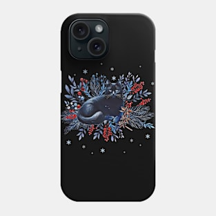 Black cat, winter scene, snow, holidays, cat in snow, cat in winter, cat lovers Phone Case