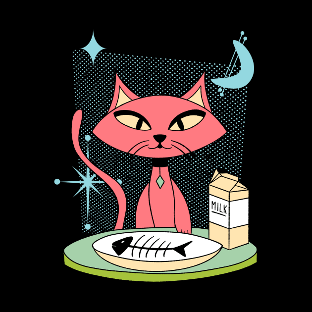 Mid-Century Modern Cat Eating a Dinner of Fish and Milk by ksrogersdesigns