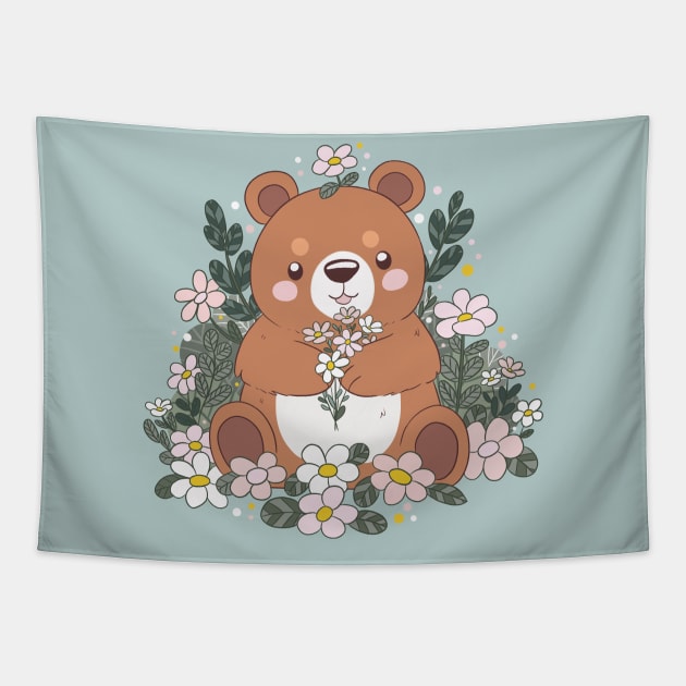 Cute brown bear holding flowers Tapestry by YaraGold