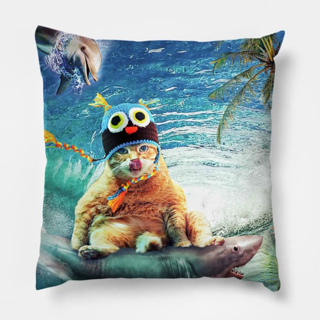 Surfing Kitty Cat Riding Shark Pillow by Random Galaxy