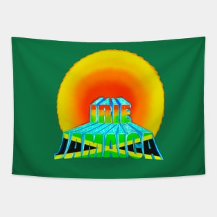 Irie Jamaica in the sun, Rasta colours and Jamaican flag in black green and gold inside the word Jamaica Tapestry