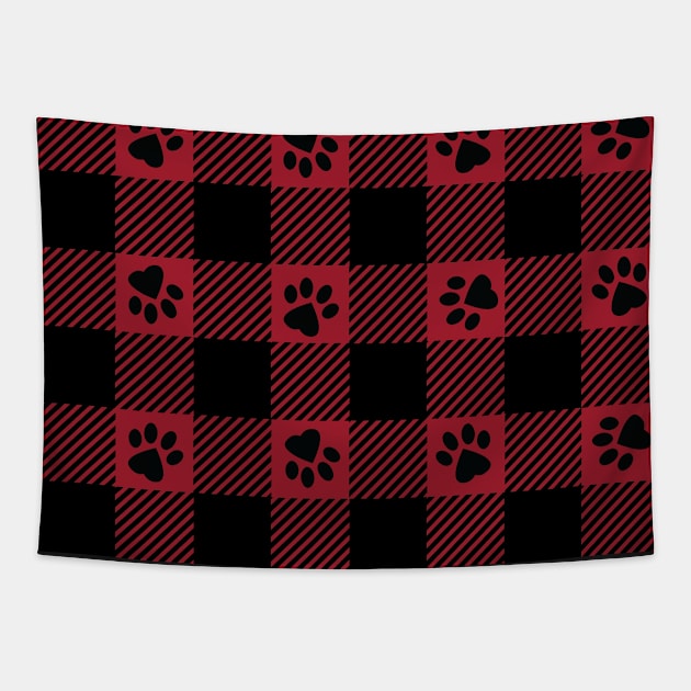 Red Paw Print Plaid Tapestry by PLLDesigns