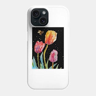 Tulip Flower Watercolor Painting and Bee on Black Phone Case