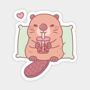 Cute Beaver Chilling With Bubble Tea Magnet