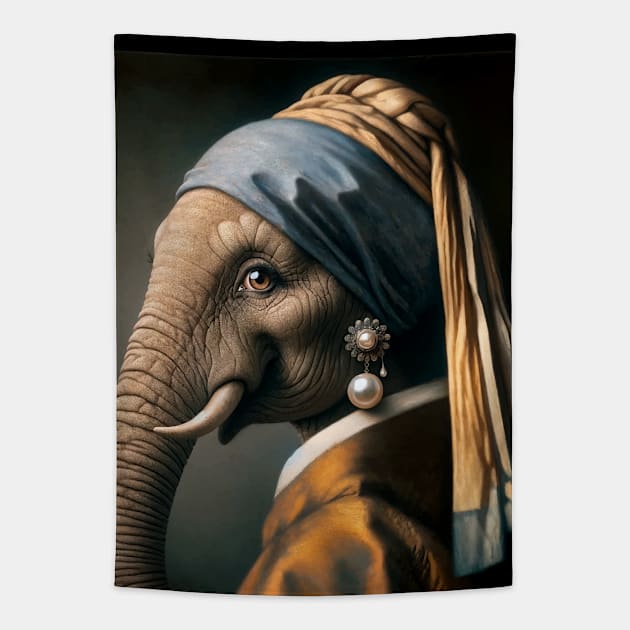 Wildlife Conservation - Pearl Earring Elephant Meme Tapestry by Edd Paint Something