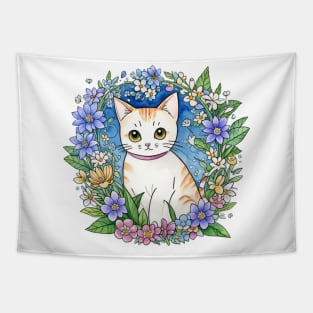 Kawaii Floral Cat Tapestry