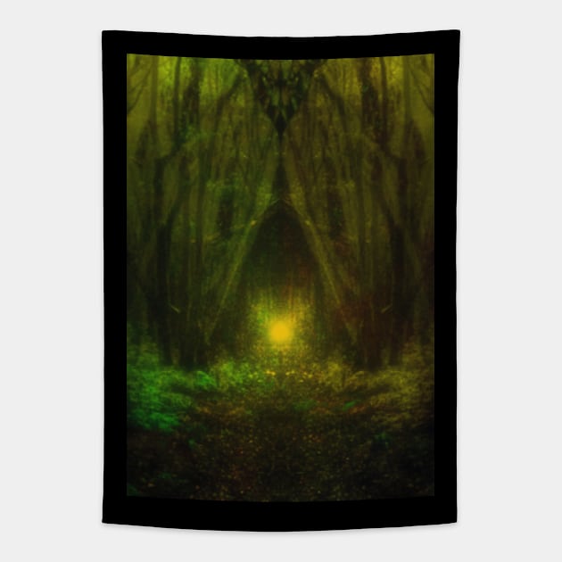 Special processing. Trail to the dark forest, where monster live. There light there. Yellow and green. Tapestry by 234TeeUser234